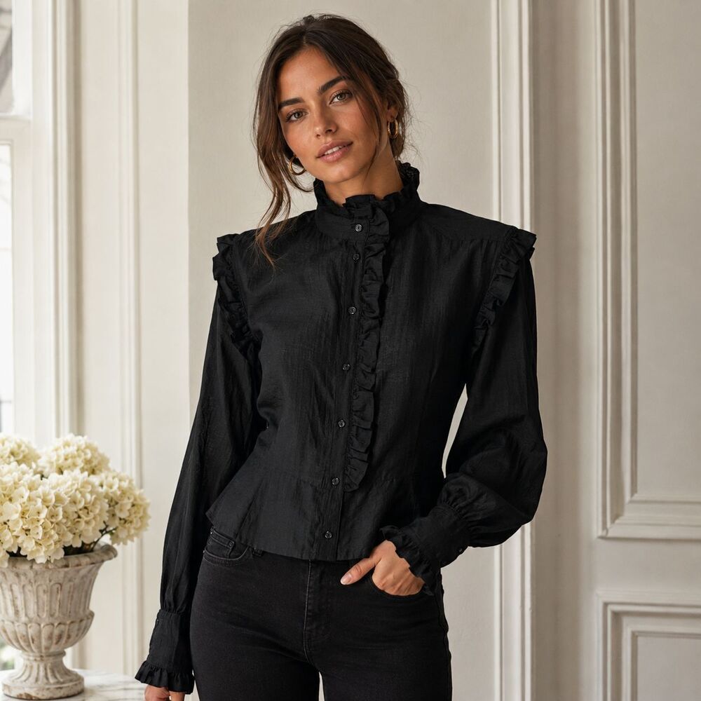 Sabina Musayev Marcel Blouse Black High Neck Ruffle Button Front Tencel Size S
